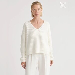 Quince Ivory 100% Organic Cotton Fisherman V-Neck Sweater Large L